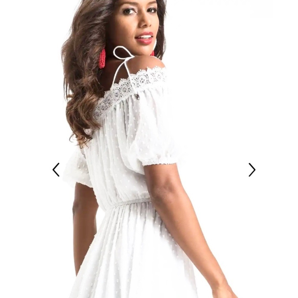 Gianni Bini Dress Lace Trim Clip Dot Off Shoulder, Womens M‎ White